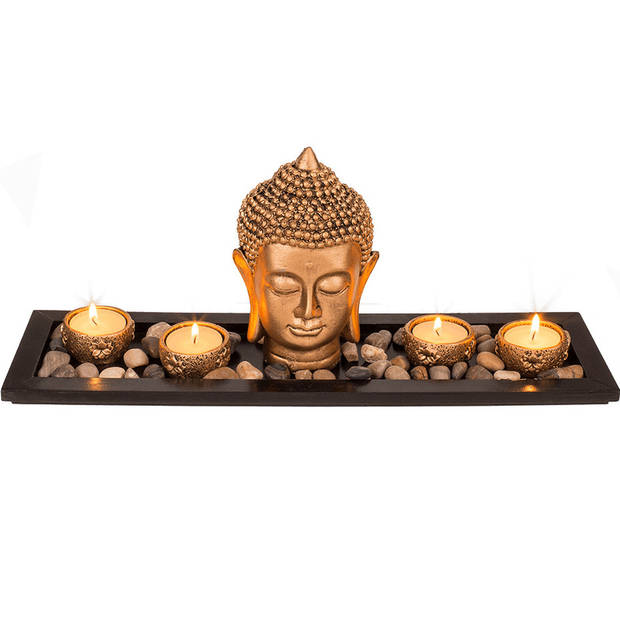 Boeddha hoofd met waxinelichthouders op plateau 41 cm - Beeldjes