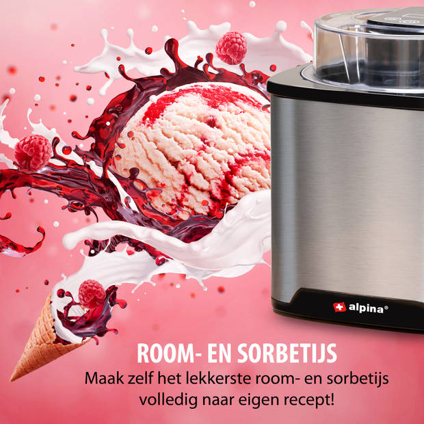 alpina IJsmachine - Roomijs, Frozen Yoghurt, Sorbet, etc - 2 L - Zelfuitschakeling - RVS - Zilverkleurig