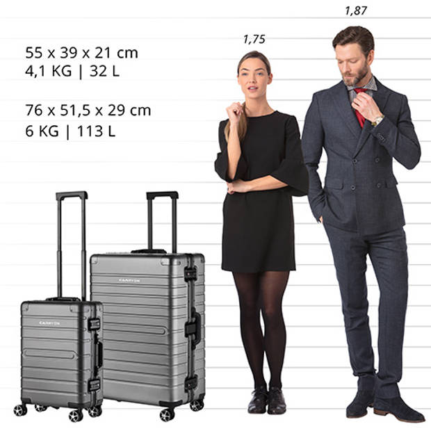 CarryOn Kofferset ULD - Luxe Aluminium Handbagage koffer 55cm + 76cm grote reiskoffer - Grijs