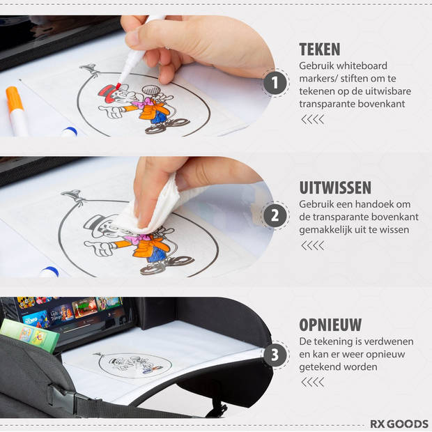 RX Goods Premium Reistafel met Tekentafel & Tablethouder– Opvouwbaar - Auto Organizer - Whiteboard - Grijs