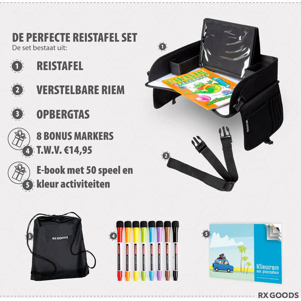 RX Goods Premium Reistafel met Tekentafel & Tablethouder– Opvouwbaar - Auto Organizer - Whiteboard - Grijs