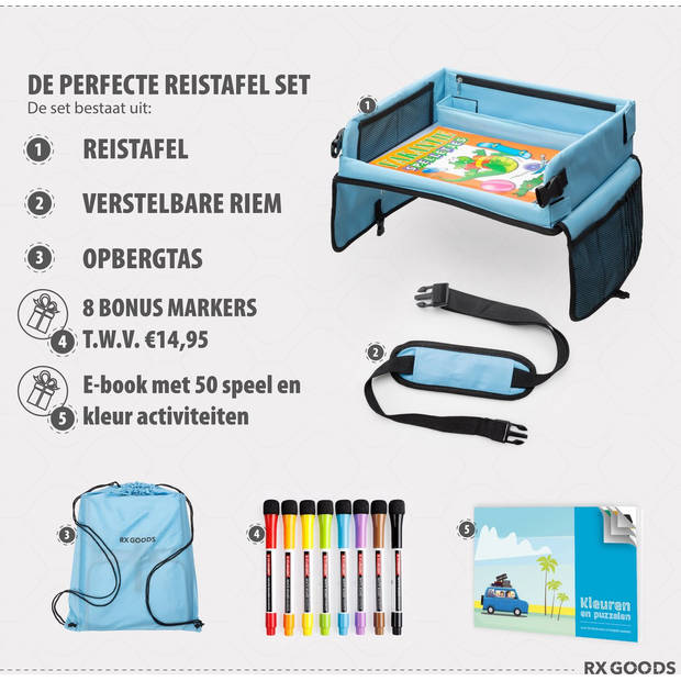 RX Goods Premium Reistafel met Tekentafel & Tablethouder– Opvouwbaar - Auto Organizer - Whiteboard - Blauw