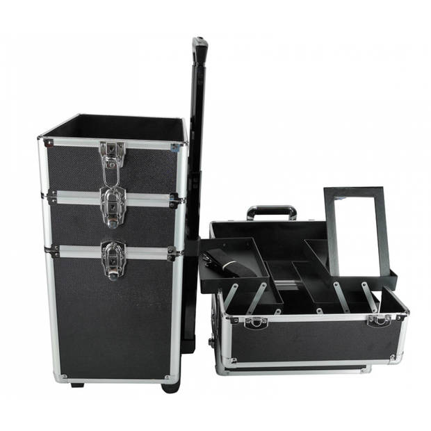 Visagie make up koffer cosmetica kappers trolley beauty case 4 in 1 zwart