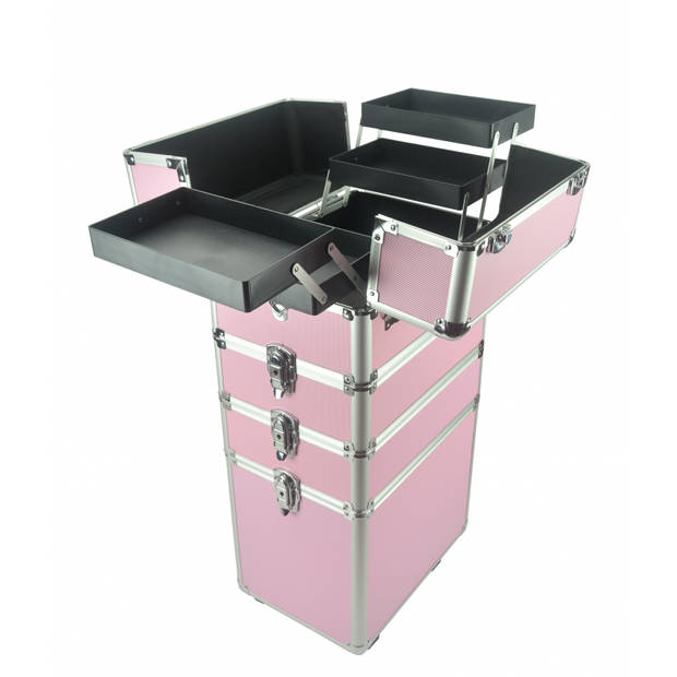 Visagie make up koffer cosmetica kappers trolley beauty case 4 in 1 Roze