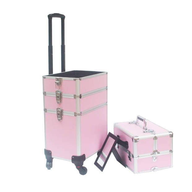 Visagie make up koffer cosmetica kappers trolley beauty case 4 in 1 Roze