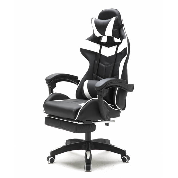 Gamestoel met voetsteun Cyclone tieners - bureaustoel - racing gaming stoel - wit zwart