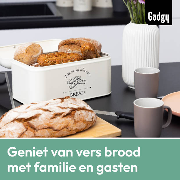 Gadgy Broodtrommel - Met Klepdeksel en Kruimelrek - Brooddoos - Off White - Metaal - Brood Bewaardoos