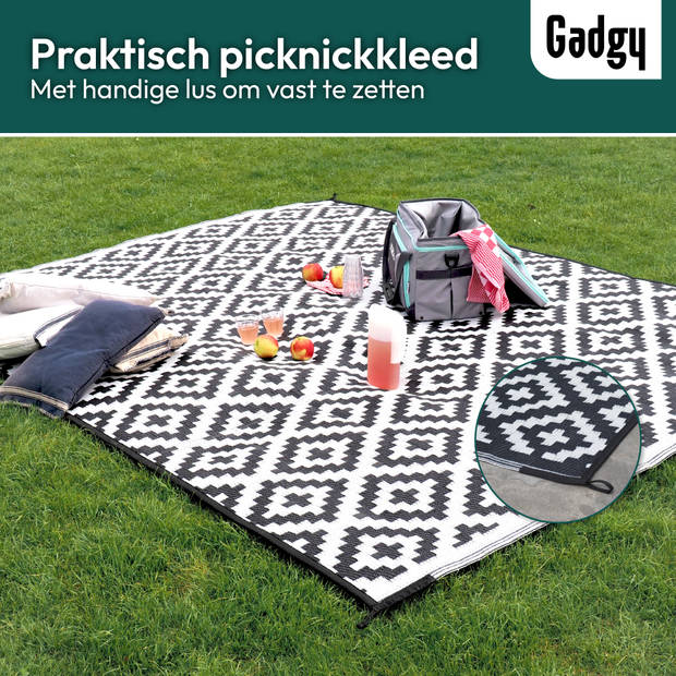 Gadgy Buitenkleed Vloerkleed Buiten XXL - 270x200 cm - Tuintapijt Dubbelzijdig - Picknickkleed Zwart Wit - Buitentapijt