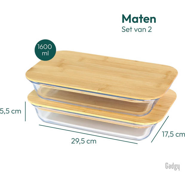 Gadgy Glazen Vershoudbakjes - 2 Bakjes met Deksel - Meal Prep Glazen Bakjes BPA-vrij - Magnetron / Oven Opwarmen -