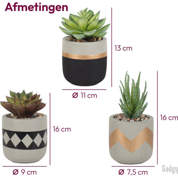 Gadgy Kunstplanten voor Binnen 3 stuks - Kunst Vetplantjes in Stenen Pot - Nepplant Klein - Vetplant Mini - 13 tot 16 cm