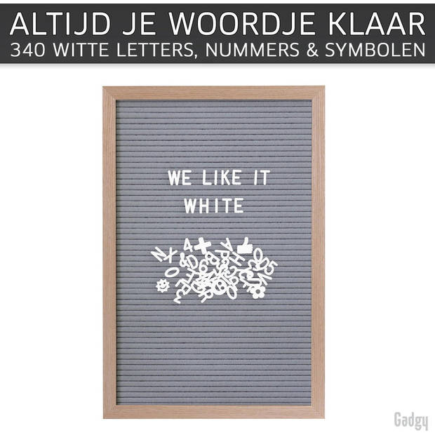 Gadgy Letterbord Grijs Vilt met Houten lijst - 30x45cm - Inclusief 570 Kleuren Letters en 100 Icoontjes - Wanddecoratie