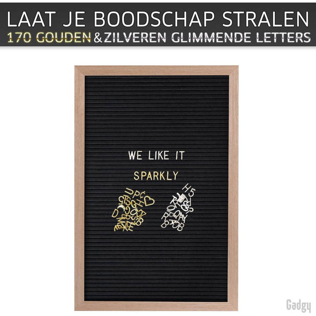 Gadgy Letterbord Zwart Vilt - Houten lijst 30x45cm - Inclusief 570 Kleuren Letters en 100 Icoontjes - Wanddecoratie