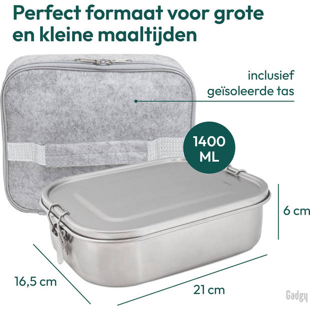 Gadgy Broodtrommel Lunchbox Volwassenen - Brooddoos met Losse Compartimenten - Bento Box - Lunchbox RVS - Incl.