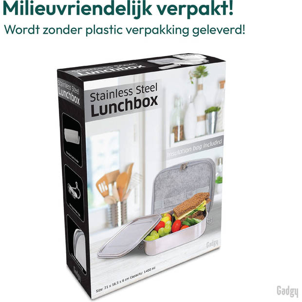 Gadgy Broodtrommel Lunchbox Volwassenen - Brooddoos met Losse Compartimenten - Bento Box - Lunchbox RVS - Incl.