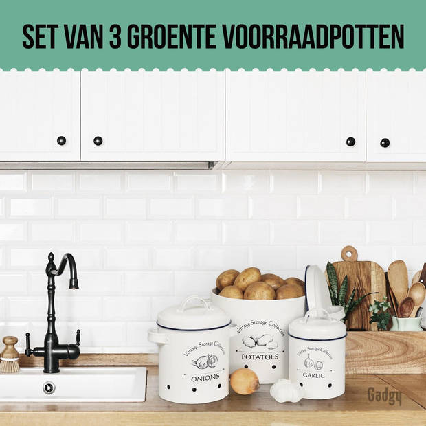 Gadgy Voorraadpotten Set: Aardappelpot en Uienpot en Knoflookpot – 3 Voorraadbussen met Deksel – Aardappelbak -