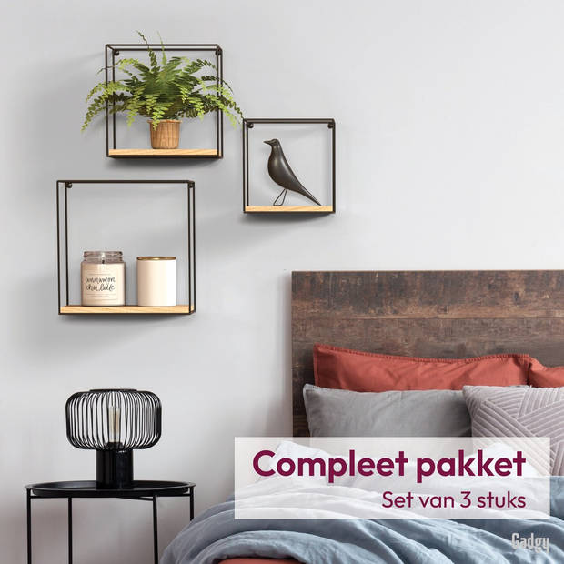 Gadgy Wandrekken Industrieel - Set van 3 - Vierkant Wandrek Zwart - Wanddecoratie Woonkamer - Muurdecoratie Hout -