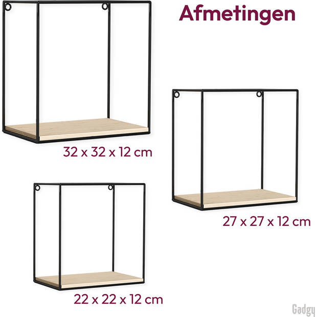 Gadgy Wandrekken Industrieel - Set van 3 - Vierkant Wandrek Zwart - Wanddecoratie Woonkamer - Muurdecoratie Hout -