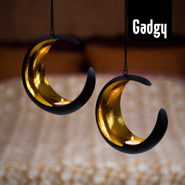 Gadgy Waxinelichthouder Maan Hangend - Theelichthouder Set van 2 – Zwart/Goud - Metaal - Ø20x9,5cm