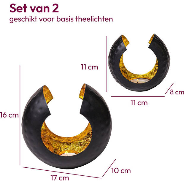 Gadgy Waxinelichthouder Rond - Theelichthouder Set van 2 - 17&12.5CM - Kaarsenhouders voor Waxinelichten -Metaal - Zwart