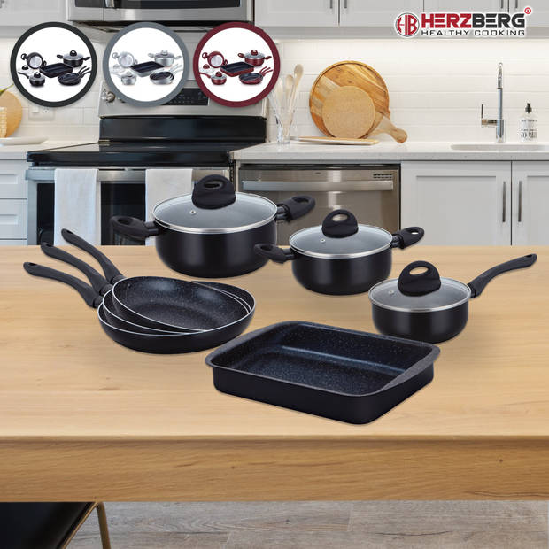 Herzberg 10 Pieces Marble Coated Cookware Set - Black