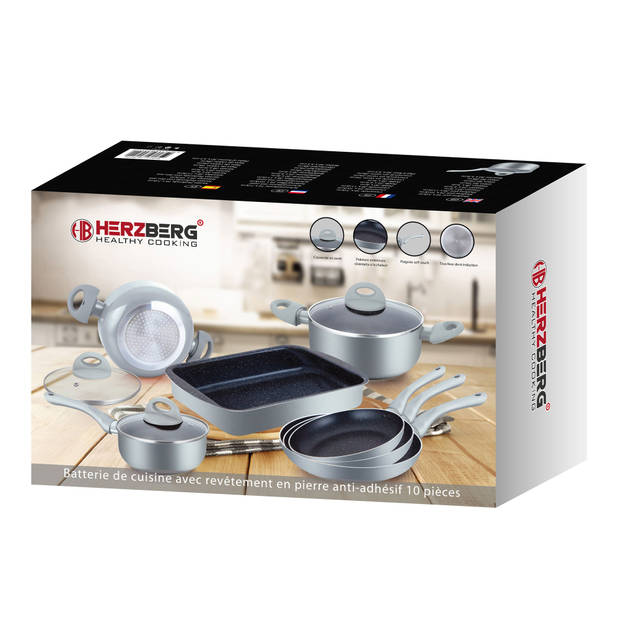 Herzberg 10 Pieces Marble Coated Cookware Set - Silver