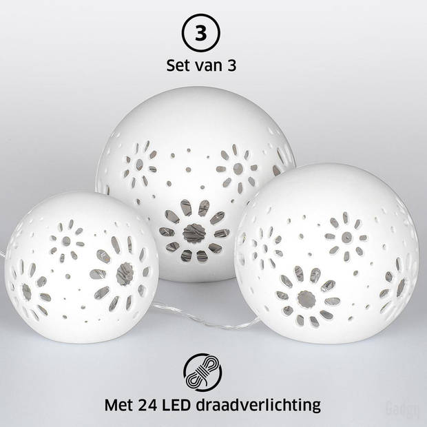 Gadgy Bollamp Keramiek met Lichtsnoer - Set van 3: Ø 8/10/12 cm - Versiering Tafellamp op Batterijen - Sfeerverlichting