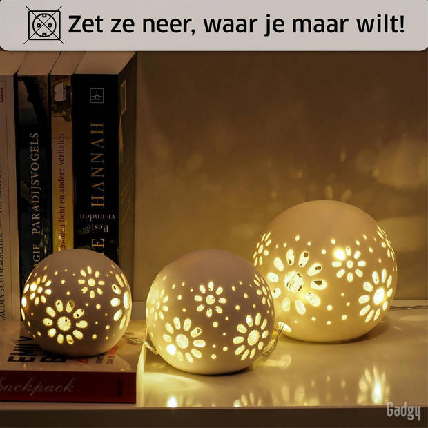 Gadgy Bollamp Keramiek met Lichtsnoer - Set van 3: Ø 8/10/12 cm - Versiering Tafellamp op Batterijen - Sfeerverlichting