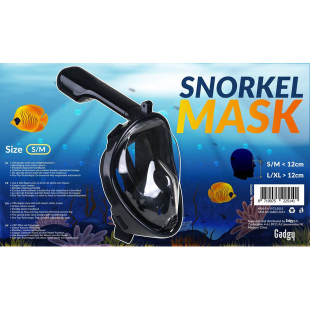 Gadgy Snorkelmasker Volwassenen S/M- Snorkelset Zwart - Full Face Duikmasker - Duikbril met Snorkel - Snorkelen en