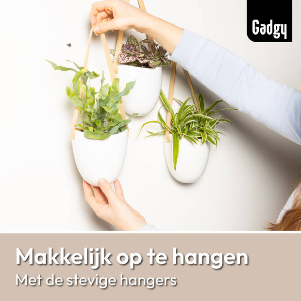 Gadgy Plantenhanger Keramiek – Set van 3 – Wit Steen- Hangpot – Hangende Bloempot Plantenpot - 12 x 11 x 9.5 cm