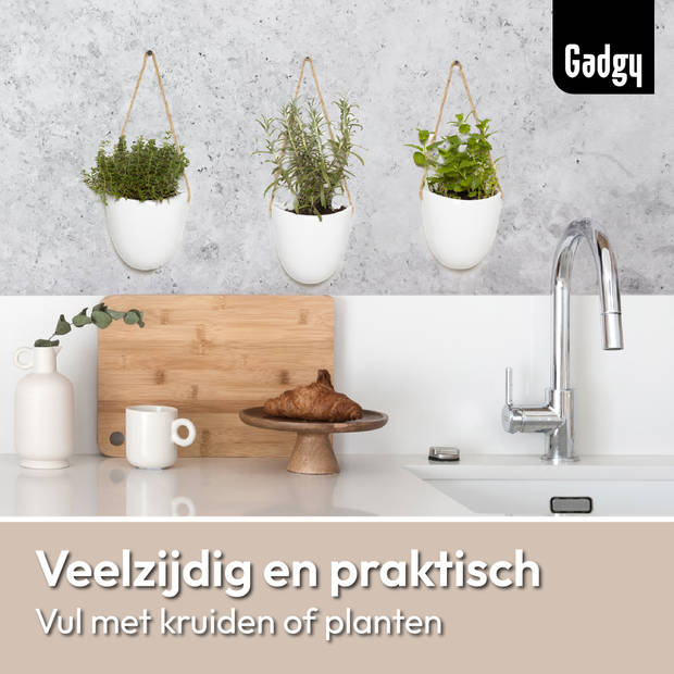 Gadgy Plantenhanger Keramiek – Set van 3 – Wit Steen- Hangpot – Hangende Bloempot Plantenpot - 12 x 11 x 9.5 cm