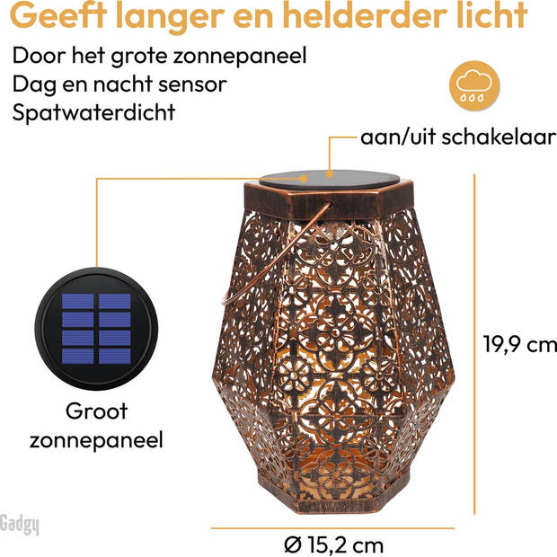 Gadgy Solar Lantaarn Hexagon – 2 st. - Koper - Solar Tuinverlichting met dag/nacht Sensor - Tuinlantaarn - 20 x Ø 15 cm