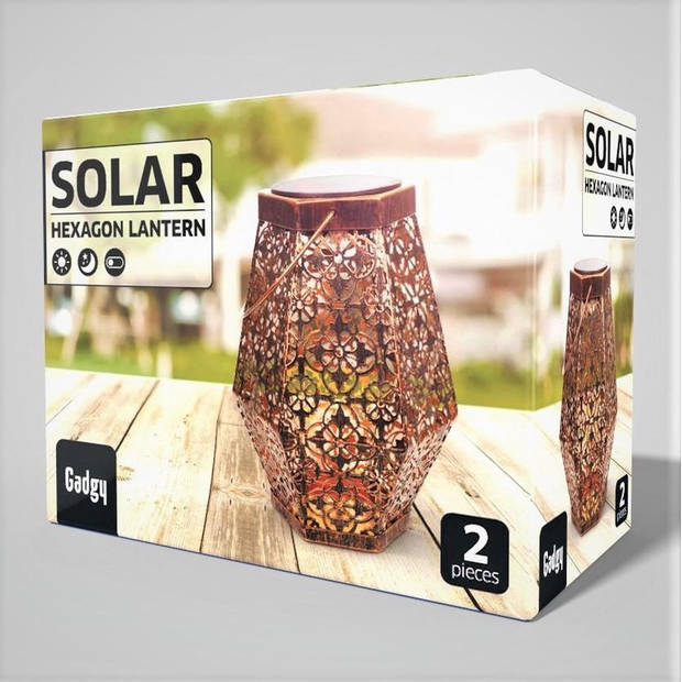 Gadgy Solar Lantaarn Hexagon – 2 st. - Koper - Solar Tuinverlichting met dag/nacht Sensor - Tuinlantaarn - 20 x Ø 15 cm