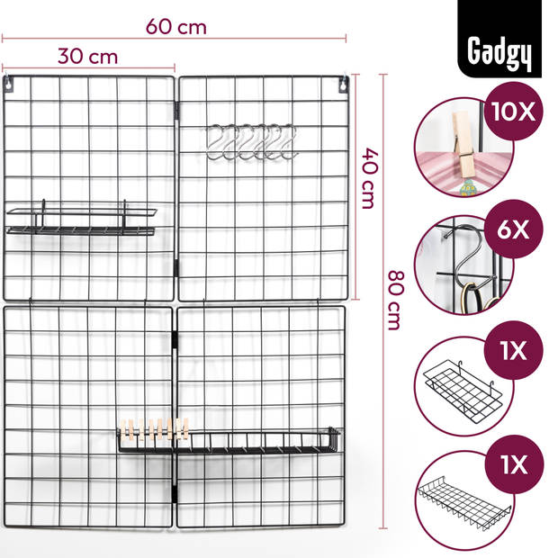 Gadgy Wandrek Industrieel Zwart - Vouwbaar met 2 losse Plankjes – incl. 6 S-Haken en 10 Knijpers – 2 losse Wandrekken