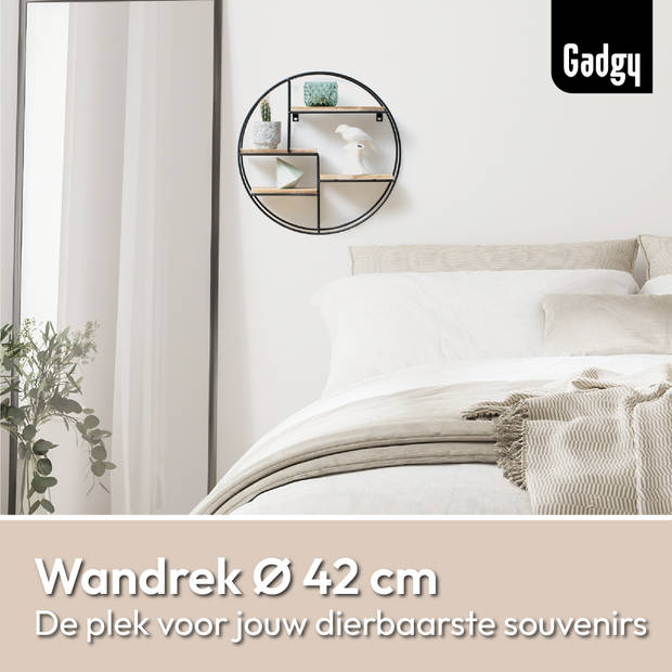 Gadgy Wandrek Industrieel – Rond met 4 Houten Planken - Wandrekken - Wanddecoratie Industrieel - Muurdecoratie Ø 42x10cm