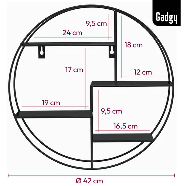 Gadgy Wandrek Industrieel – Rond met 4 Planken - Wandrekken - Wanddecoratie Industrieel - Muurdecoratie Metaal Ø 42x10cm