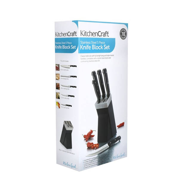 KitchenCraft - Messenset met Messenblok, 5 Messen, Zwart, Hout, RVS - KitchenCraft