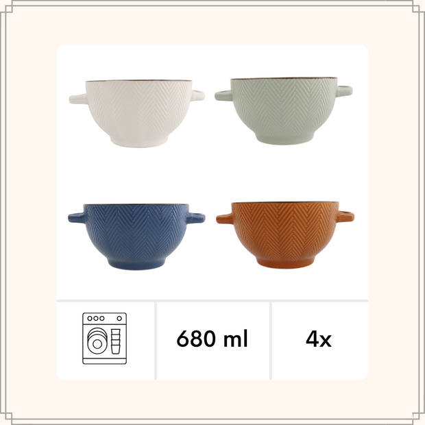 OTIX Soepkommen - met Oor - Set van 4 - Verschillende kleuren - Soeptassen - Aardewerk - 680 ml