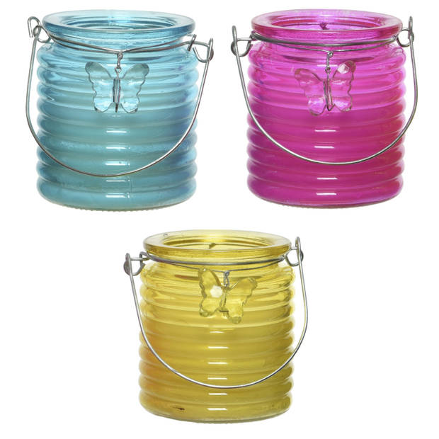 Citronella kaars - in windlicht - 3x - blauw/roze en geel - 20 branduren - citrusgeur - geurkaarsen