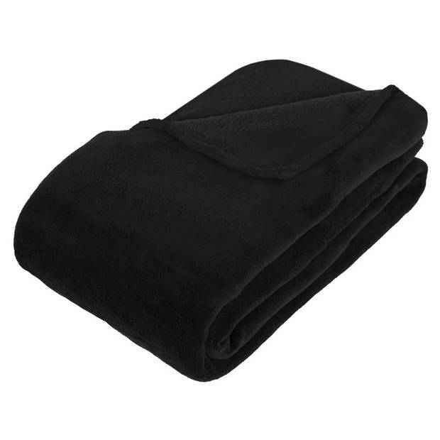 Fleece deken/plaid Zwart 230 x 180 cm en een warmwater kruik 2 liter - Plaids
