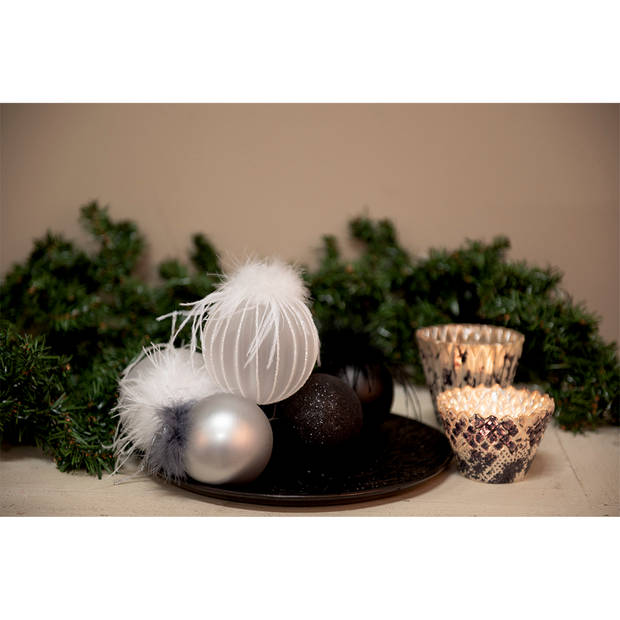 Clayre & Eef Kerstbal Set van 4 Ø 8 cm Zilverkleurig Wit Glas Kerstboomversiering Zilverkleurig Kerstboomversiering