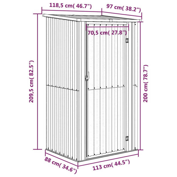 vidaXL Tuinschuur 118,5x97x209,5 cm gegalvaniseerd staal bruin