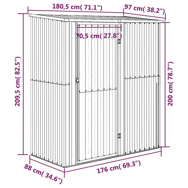 vidaXL Tuinschuur 180,5x97x209,5 cm gegalvaniseerd staal grijs