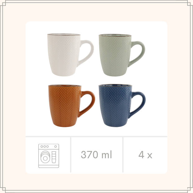 OTIX Koffiekopjes - met Oor - Koffietassen - Set van 4 - Verschillende kleuren - Aardewerk - 370 ml - HEATHER