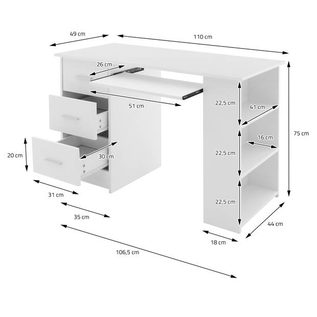 Bureau met drie laden drie legplanken en toetsenbordlade 110x49x75 cm Wit hout ML-Design