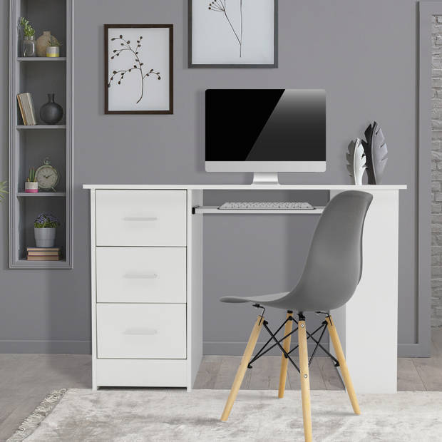 Bureau met drie laden drie legplanken en toetsenbordlade 110x49x75 cm Wit hout ML-Design