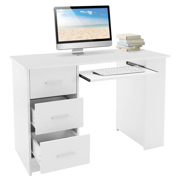 Bureau met drie laden drie legplanken en toetsenbordlade 110x49x75 cm Wit hout ML-Design