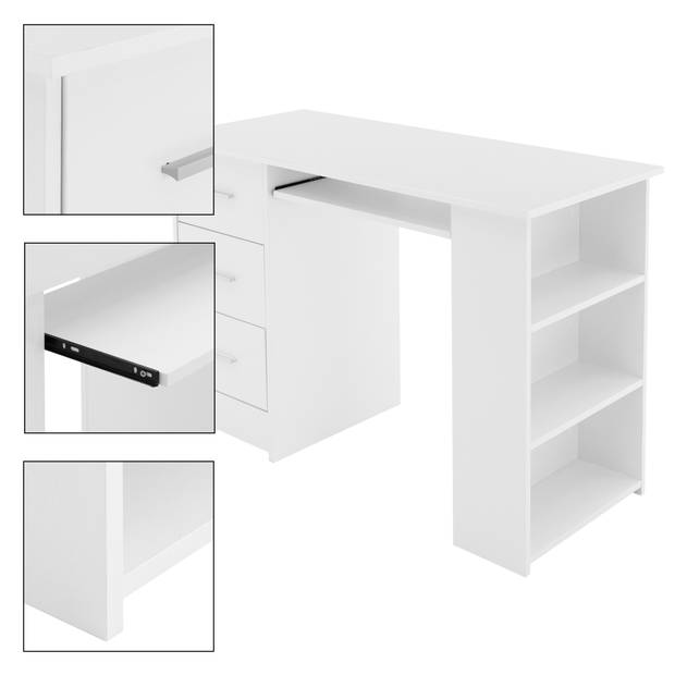 Bureau met drie laden drie legplanken en toetsenbordlade 110x49x75 cm Wit hout ML-Design