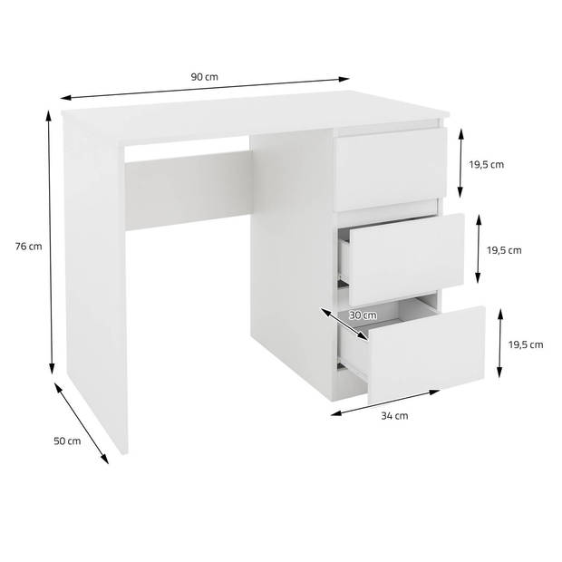 Bureau met drie laden 90x76x50 cm Wit Hout ML Design