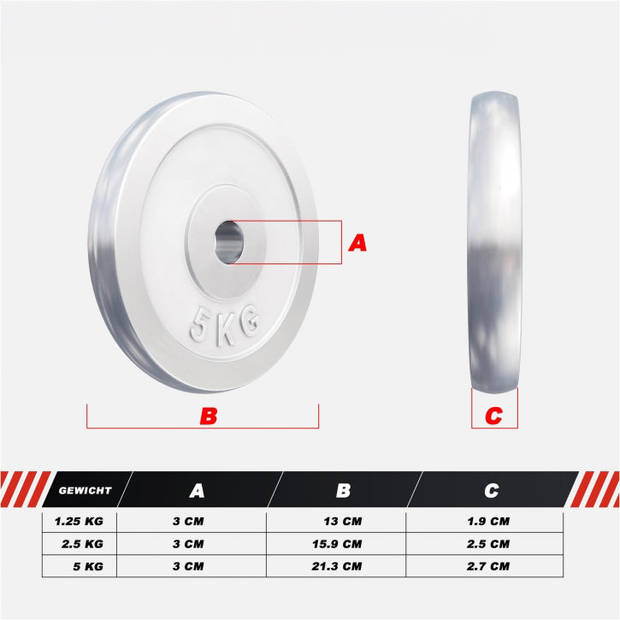 Gorilla Sports Halterschijven Set - Bundel - 27,5 kg (4 x 5 kg, 2 x 2,5 kg & 2 x 1,25 kg) - Chroom - 30 mm