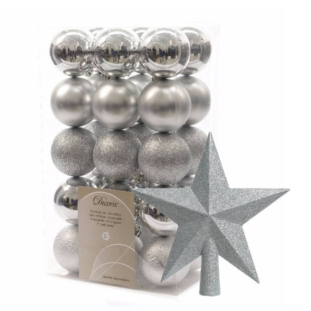 30x stuks kunststof kerstballen 6 cm inclusief ster piek zilver - Kerstbal